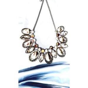 Silver Tone Snake Chain Floral Links and Brass Tone Faceted Oval Clear Glass